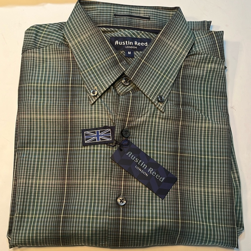 Austin Reed long sleeved 100% cotton green plaid shirt, Medium